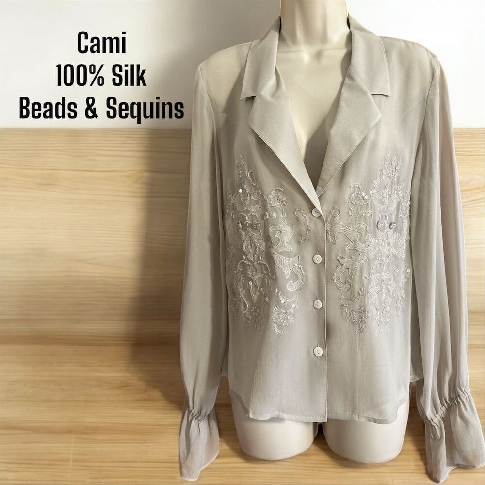 Cami International Women's Vintage 100% Silk Beige Beaded Long Sleeve Blouse